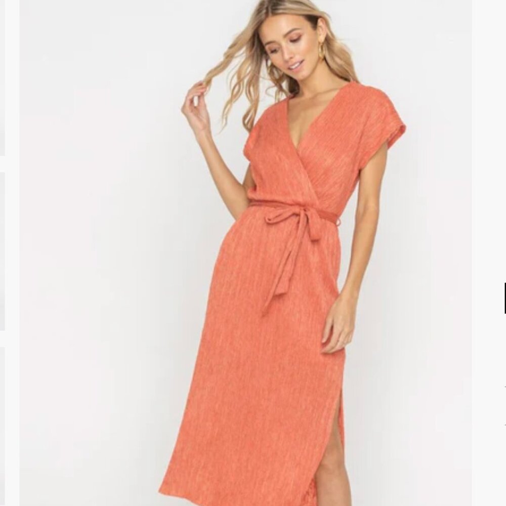 Lush Ginger Spice Micropleat Belted Midi Dress size Small